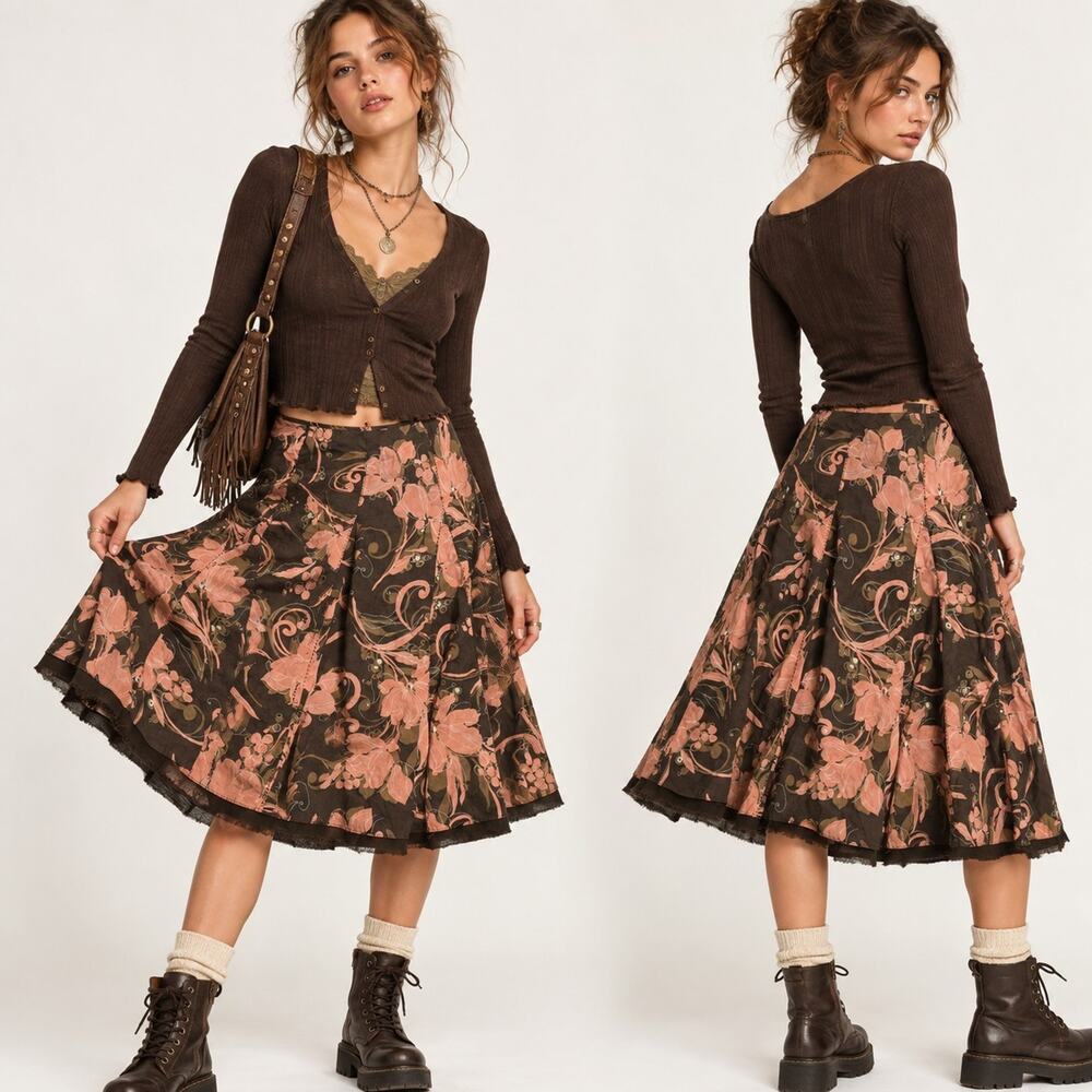 Apt. 9 Y2K Fairy Grunge Floral Midi Skirt Brown Pink Cotton Boho Size 10 Flowy